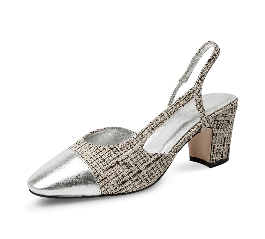 Two Tone Silver Toe Block Heel Slingback Sandals