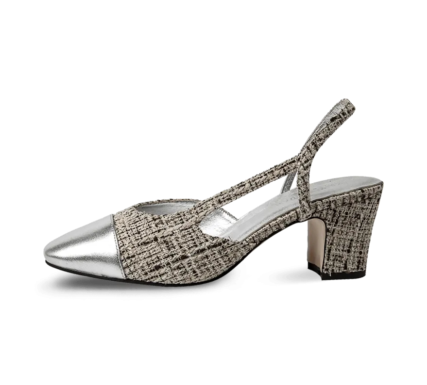 Two Tone Silver Toe Block Heel Slingback Sandals