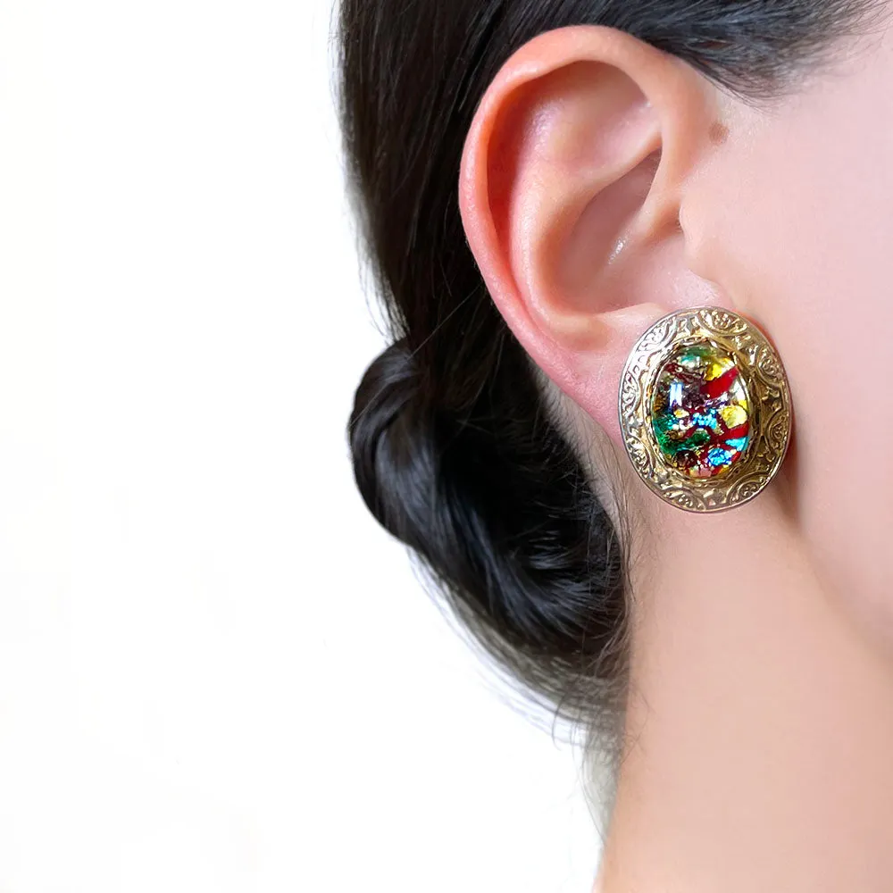 【USA輸入】ヴィンテージ フォイルガラス カボション イヤリング/Vintage Foil Glass Cabochon Earrings