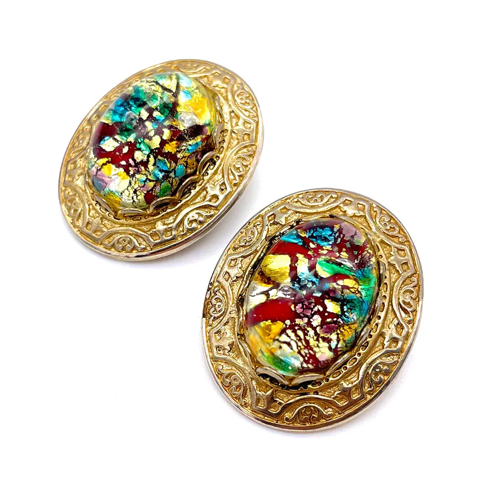 【USA輸入】ヴィンテージ フォイルガラス カボション イヤリング/Vintage Foil Glass Cabochon Earrings