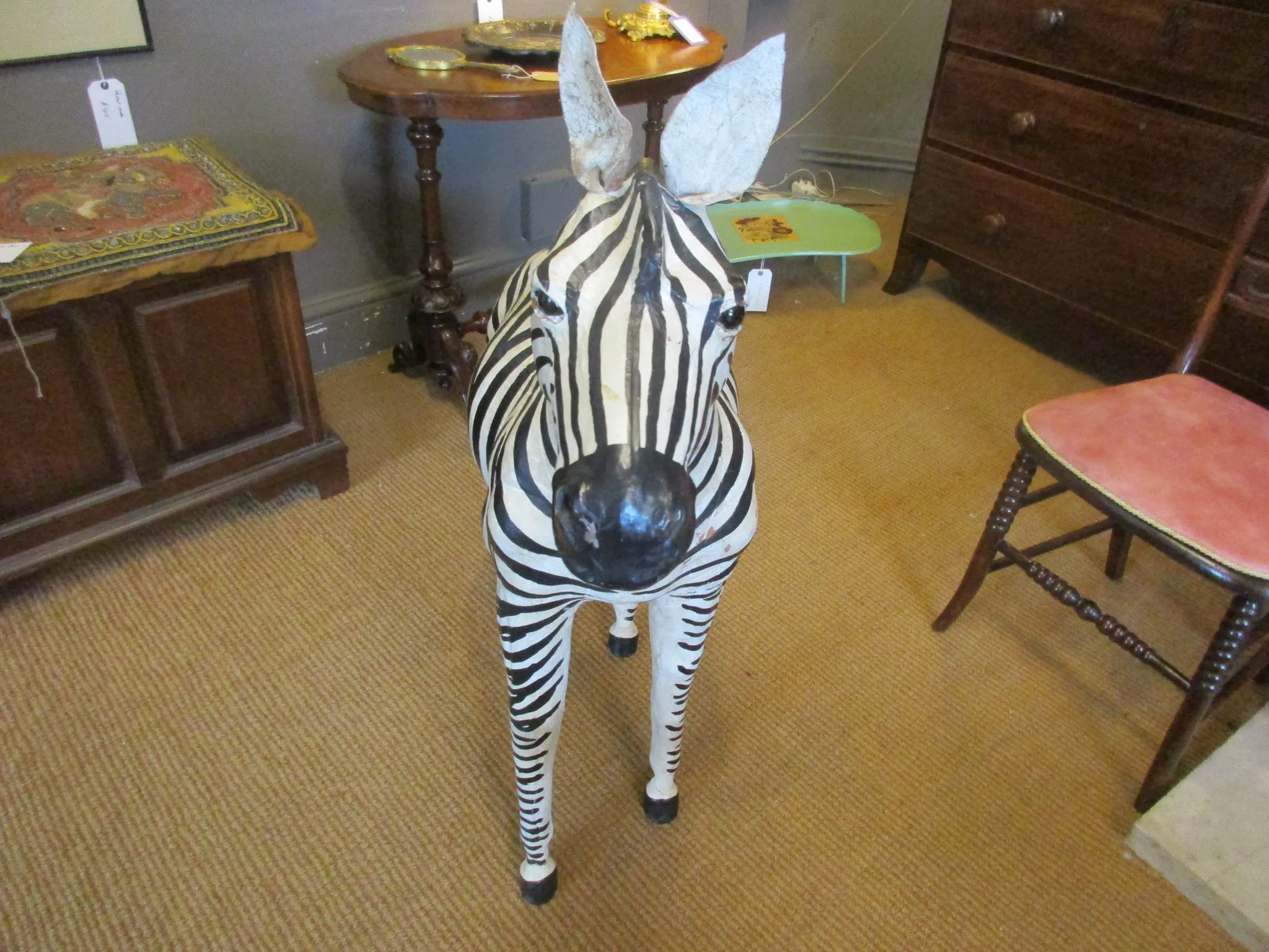 Very Large Hand Painted Leather Zebra Ornament Antique c1930