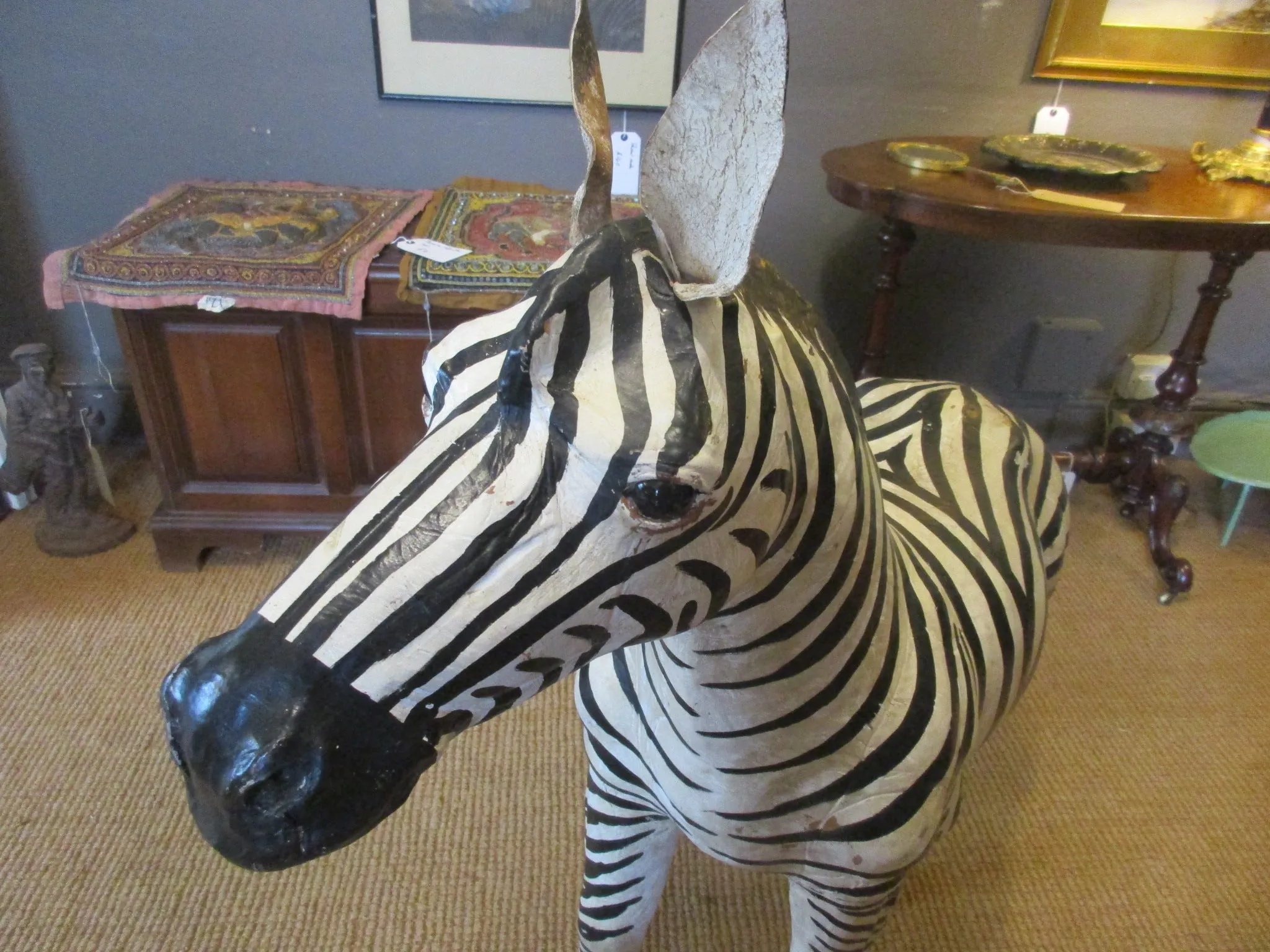 Very Large Hand Painted Leather Zebra Ornament Antique c1930