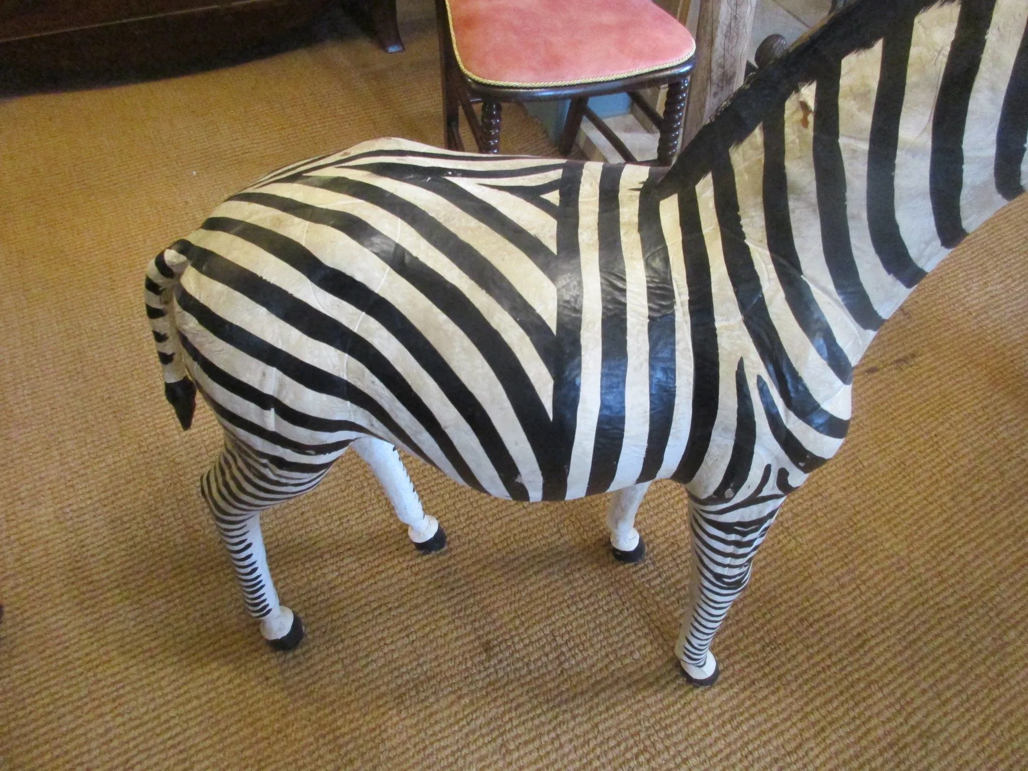 Very Large Hand Painted Leather Zebra Ornament Antique c1930