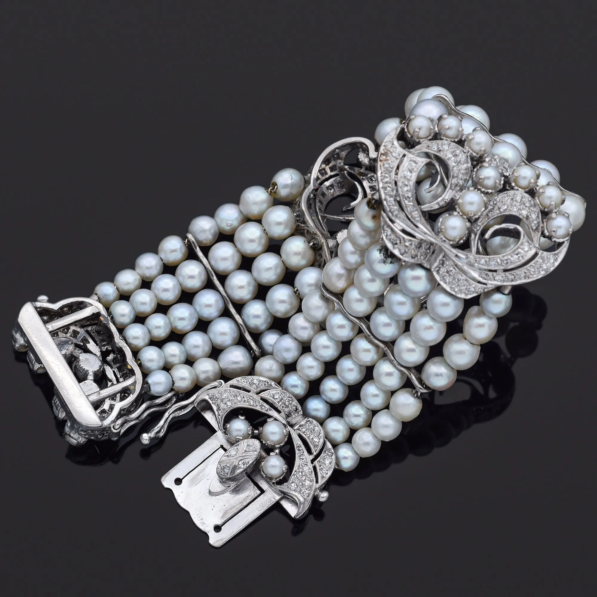 Vintage 1.76 TCW Diamond & Pearl Precious Metal Alloy Multi-Strand Bracelet