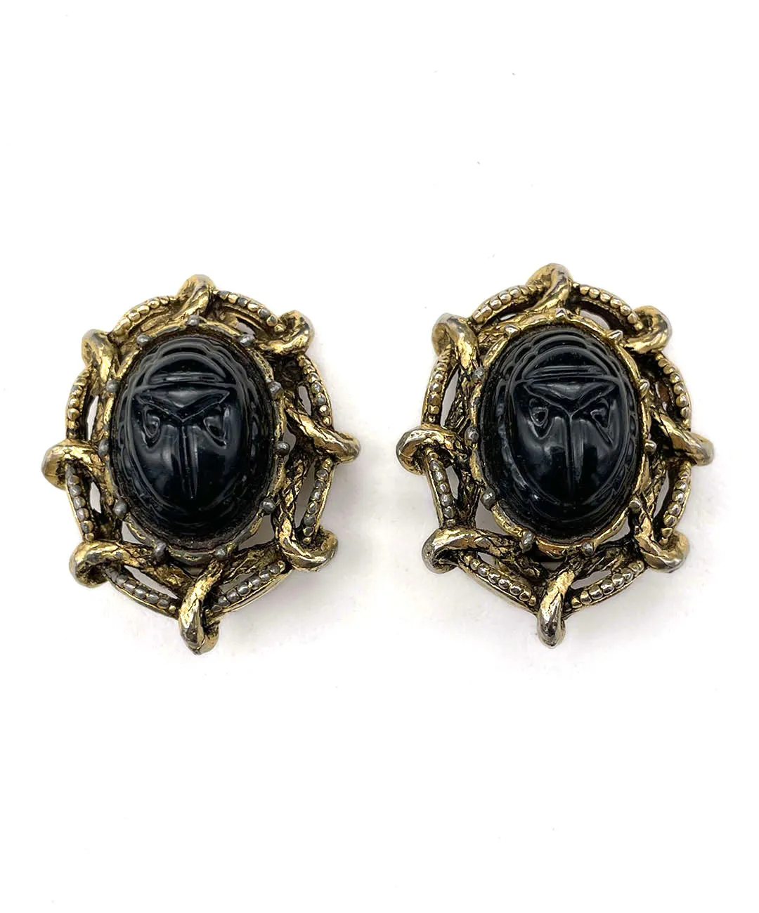 ヴィンテージ ブラック スカラベ イヤリング/Vintage Black Scarab Clip On Earrings