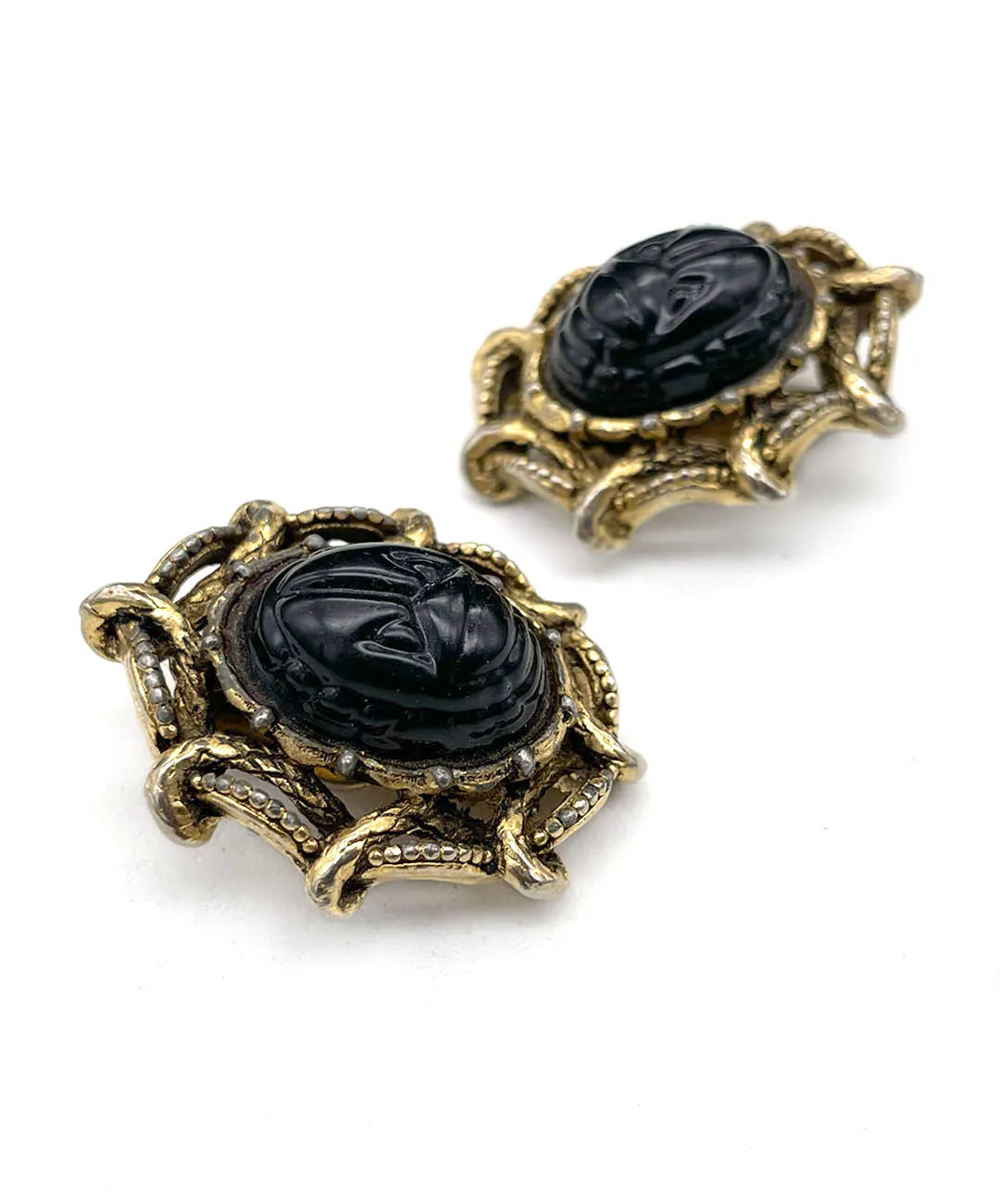 ヴィンテージ ブラック スカラベ イヤリング/Vintage Black Scarab Clip On Earrings