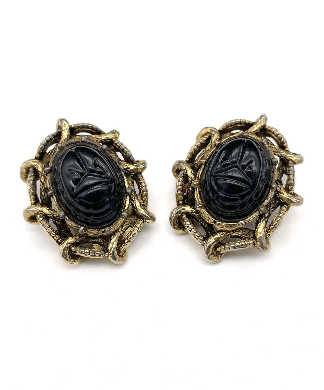 ヴィンテージ ブラック スカラベ イヤリング/Vintage Black Scarab Clip On Earrings